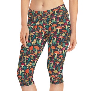 Women&#39;s Capri Leggings Multi-Colored Mushroom Pattern Gym Polyester Elastane Style Comfortable Knee-length Form-Fitting Unique Eye-Catching
