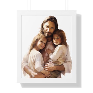 Póster de Jesús sosteniendo a dos niños - Póster vertical enmarcado - Arte de Jesús - Arte de la escuela dominical - Regalos cristianos - Niños con Jesucristo
