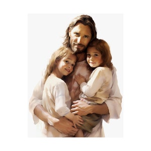 Póster de Jesús con dos niños - Póster vertical sin marco - Arte de Jesucristo - Regalos cristianos - Jesús con niños - Arte del amor de Cristo