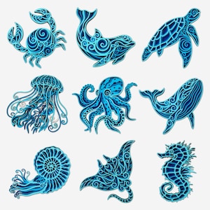 Pakiet 3D Stworzenia Morskie SVG: Warstwowa Mandala Ścienna ze Zwierzętami Oceanicznymi (Pobranie Cyfrowe)
