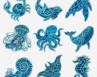 3D Sea Creature SVG Bundle: Layered Mandala Ocean Animals Wall Art (Digital Download)
