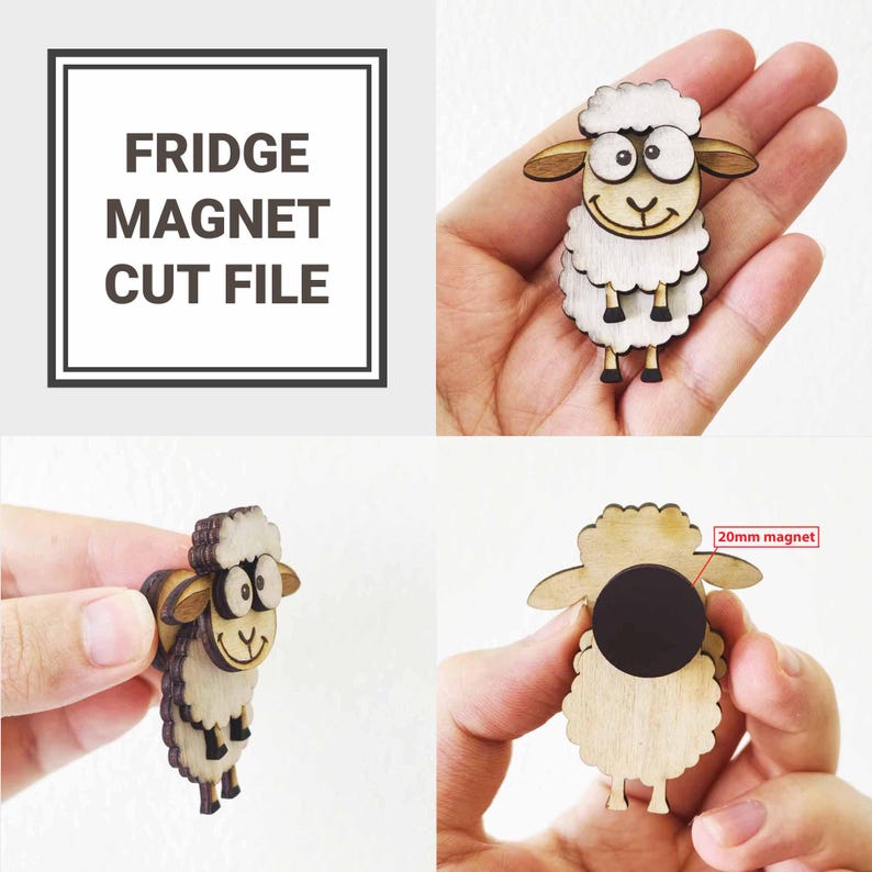May include: Wooden sheep fridge magnets with a cartoon design. The magnets are made of light-colored wood with a black magnet on the back. The text "FRIDGE MAGNET CUT FILE" is in a white box.