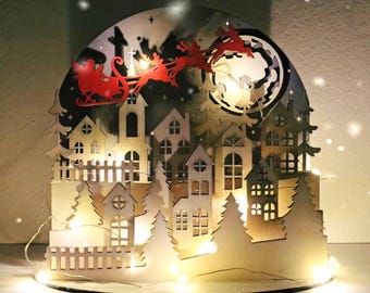 Archivo cortado a láser de un pueblo navideño: Decoración navideña de madera (descarga digital)