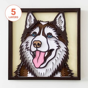 Arte de parede de mandala de cachorro 3D Husky cortada a laser SVG/ Arte de parede de mandala de cachorro 3D/ Husky alegre 3D SVG/ Memorial de animal de estimação/ Arte 3D de Husky multicamadas/ Para laser/ Para Glowforge