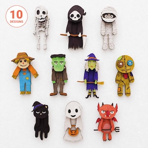Pode incluir: Um conjunto de dez ornamentos de madeira com tema de Halloween, incluindo um esqueleto, a morte, uma múmia, um espantalho, o monstro de Frankenstein, uma bruxa, um boneco vudu, um gato preto, um fantasma e um diabo vermelho com tridente.