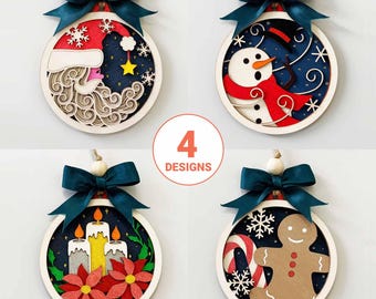 3D Christmas Ornament SVG Bundle: Santa, Snowman, Poinsettia, Gingerbread (Digital Download)