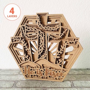 Croix de Jésus debout polygone 3D découpé au laser SVG/décoration en bois pour le jour de Pâques/fichier laser Il est ressuscité/fichier pour Glowforge/pour laser
