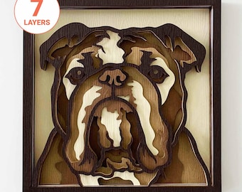 Bulldogge 3D Laser Cut SVG / Englische Bulldogge SVG für Holz / 3D Hund Mandala Wandkunst / 3D Schicht SVG / für Laser / für Cricut / für Silhouette