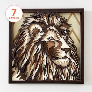 Leão 3D cortado a laser SVG/ Leão SVG para madeira/ Arte de parede de mandala animal 3D/ Leão multicamadas SVG/ Para laser/ Para Cricut/ Para silhueta