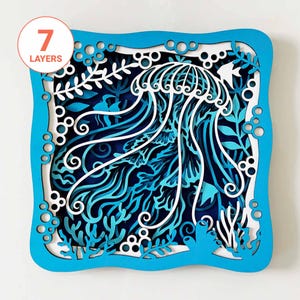 Arte de parede 3D de água-viva do oceano SVG/ Mandala de água-viva cortada a laser/ Camada de madeira de água-viva/ Caixa de sombra 3D/ Para laser/ Para Cricut/ Para Silhouette