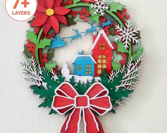 3D Christmas Village Wreath Laser Cut File: Christmas Decoration (Digital Download)