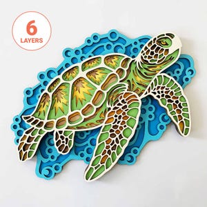 Tortuga marina 3D cortada con láser SVG/Arte de pared de playa en capas de madera/Tortuga mandala 3D/Decoración de pared de casa de playa/Para láser/Para Cricut/Para Silhouette