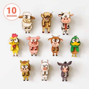 May include: Ten wooden farm animal designs are displayed, featuring a sheep, cow, pig, chicken, duck, horse, goat, llama, donkey, and a Highland cow. Each animal is brightly coloured and has a cartoon-like appearance. The text "10 DESIGNS" is in a circle.