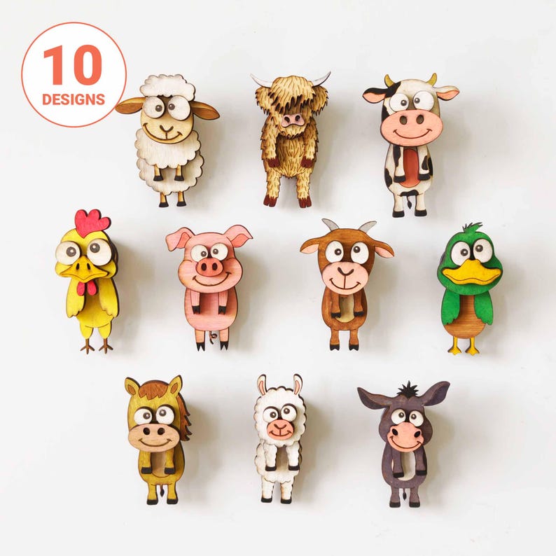 May include: A collection of ten wooden farm animal designs, including a sheep, cow, pig, chicken, duck, horse, goat, llama, donkey, and a Highland cow. Each animal is brightly colored and has a cartoon-like appearance. The text "10 DESIGNS" is in a circle.