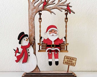 3D Santa on Swing Laser Cut File: Santa And Snowman - Christmas Decoration (Digital Download)