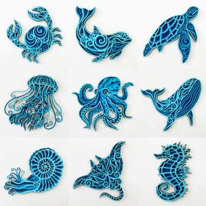 Pacchetto SVG 3D di creature marine per laser/Animali marini in legno a strati/Mandala oceanico da parete/SVG multistrato per laser/Per Cricut/Per Silhouette