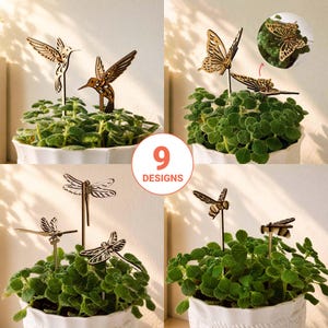 May include: A collection of nine laser-cut wooden plant stakes featuring intricate silhouettes of hummingbirds, butterflies, dragonflies, and bees. Each brown wooden ornament is mounted on a thin vertical stem, designed to be inserted into potted plants.