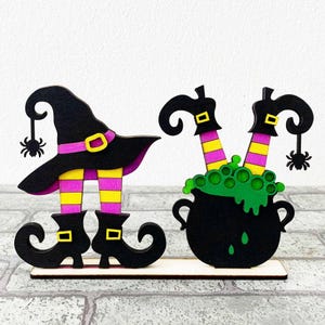 Piernas de bruja de Halloween autoportantes cortadas con láser SVG/Caldero de bruja Decoración de Halloween/Manualidad de madera de Halloween para niños/Archivo para Glowforge/Para láser