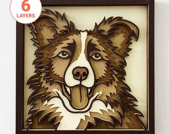 Border Collie 3D Layered SVG: Arte de parede de cachorro cortada a laser (download digital)
