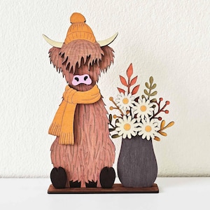 Cue Fall Highland Cow 3D Laser Cut SVG/ Highland Cow And Flower Self Sitter/ Autumn Wood Cut File/ Fall Home Decor/ For Laser/ For Glowforge