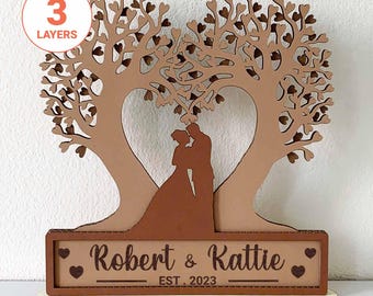 Wedding Love Trees 3D Laser Cut SVG/ Wedding Anniversary Laser Cut File/ Laser File Couple And Tree In Heart Shape/ For Glowforge/ For Laser