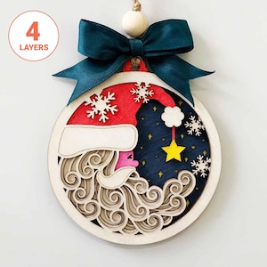Ornement du Père Noël lune 3D découpé au laser SVG / fichier découpé au laser ornement / ornement en bois de Noël / Glowforge du Père Noël lune / fichier laser pour Noël