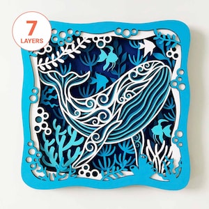 Arte de parede 3D de baleia e oceano SVG/ Mandala 3D de baleia cortada a laser/ Arte em madeira em camadas de baleia/ Caixa de sombra de papel 3D/ Para laser/ Para Cricut/ Para Silhouette