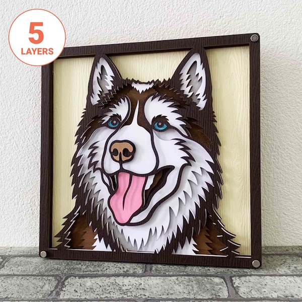 Husky 3D Laser Cut SVG / 3D Hund Mandala Wand Kunst / Fröhlicher Husky 3D SVG / Haustier Gedenkstätte / Multilayer Husky 3D Kunst / Für Laser / Für Glowforge