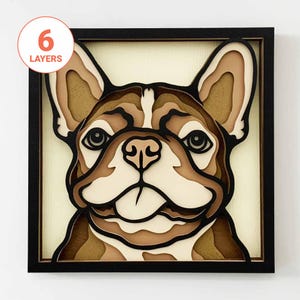 Bulldogue francês sorridente 3D cortado a laser SVG/ Arte de parede de mandala de cachorro 3D/ Frenchie em camadas SVG/ Memorial de animal de estimação/ Para laser/ Para Cricut/ Para Silhouette