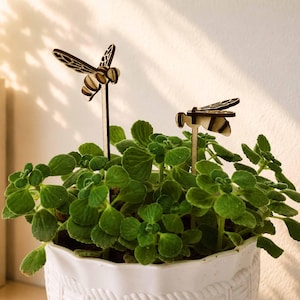 Puede incluir: Dos estacas de madera para plantas cortadas con láser con forma de abeja, con patrones de alas detallados y cuerpos rayados. Cada abeja está unida a un palo de madera vertical y delgado, diseñado para insertarse en la tierra de una maceta.