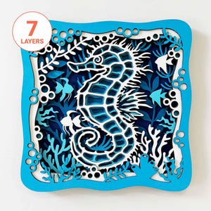 Peut inclure: Une œuvre d'art carrée et multicouche représentant un hippocampe. L'hippocampe est blanc, sur un fond bleu foncé avec des plantes aquatiques et des poissons. Le cadre est bleu vif et l'œuvre est étiquetée "7 layers".