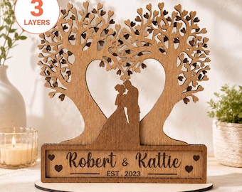 Puede incluir: Un adorno de madera cortado con láser de tres capas que muestra dos árboles formando un corazón con una pareja en el centro. La base rectangular está grabada con el texto Robert & Kattie y EST. 2023, decorada con cuatro pequeños corazones.