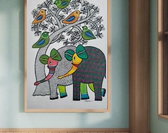Indian Gond Painting - Tribal art - folk art - Indian ethnic art - Spiritual wall art - Unframed painting on paper