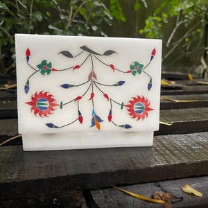 Marble Jewelry Box with Floral Inlay Art, Elegant Decorative Storage