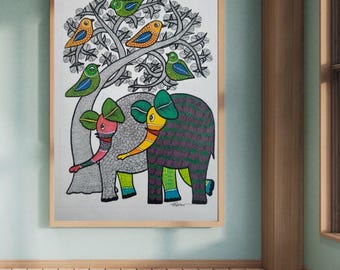 Gond-schilderij: handgeschilderde Indiase tribale kunst op papier