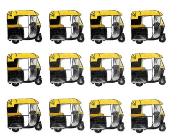 May include: A repeating pattern of yellow and black auto rickshaws, also known as tuk-tuks, on a white background.