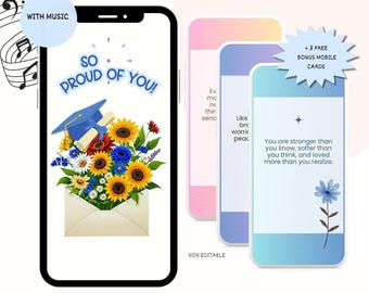 May include: Animated graduation e-card with a bouquet of sunflowers and a graduation cap in an envelope. The text "So proud of you!" is on the card. The card is on a blue background. There are three free bonus mobile cards included.