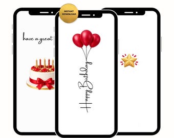 May include: Three smartphones displaying animated birthday e-cards. One shows a cake with candles and the text "have a great". Another features red balloons and the words "Happy Birthday". The third shows a gold star.