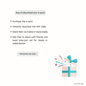 Step-by-step instructions on downloading and sharing the e-card, with a note on personal use and a festive gift box illustration
