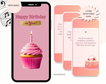 May include: Animated digital birthday card with a pink cupcake with a lit candle on a pink background. The text "Happy Birthday to You!" is on the card. The card is displayed on a smartphone screen. The card is 1080 pixels wide by 1920 pixels tall.