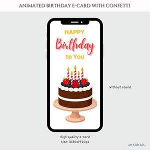 Animated birthday e-card preview with chocolate cake and candles, labeled as high-quality MP4 download without sound. Size 1080x1920px."