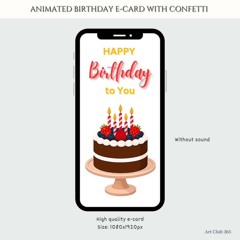 Animated birthday e-card preview with chocolate cake and candles, labeled as high-quality MP4 download without sound. Size 1080x1920px."