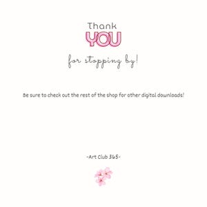 Thank you card with message to visit the shop for more digital downloads, featuring a soft pink cherry blossom illustration.