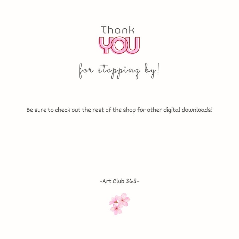 Thank you card with message to visit the shop for more digital downloads, featuring a soft pink cherry blossom illustration.