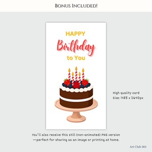 Bonus PNG version of the birthday e-card showing a chocolate cake with berries and candles on a white background. Size 1485x2640px.