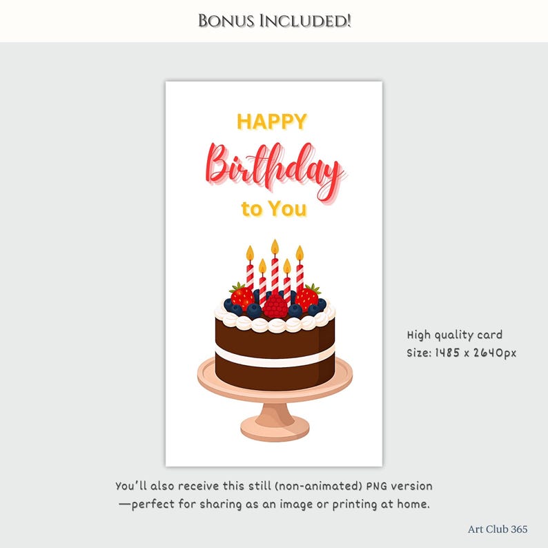 Bonus PNG version of the birthday e-card showing a chocolate cake with berries and candles on a white background. Size 1485x2640px.
