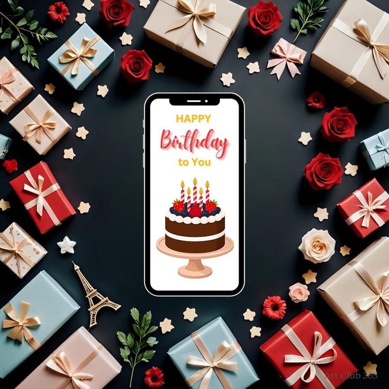 Digital birthday e-card mockup with chocolate cake on phone, surrounded by wrapped presents, roses, and festive decorations on a black surface
