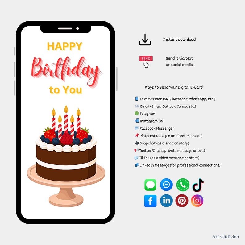 Overview of digital sharing options for the e-card via text, email, social media, and apps like Instagram, Facebook, WhatsApp, and TikTok