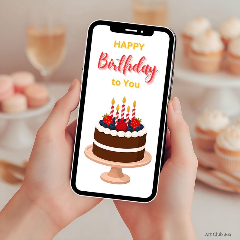 Digital birthday e-card displayed on a smartphone held in hands, featuring a chocolate cake with berries and striped candles. Perfect for texting or social media.