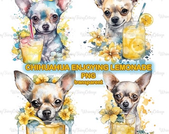 Watercolor Chihuahua Enjoying Lemonade Clipart PNG Transparent, Floral Dog Digital Clipart, Printable Chihuhua Lemon Juice Art, Cute Dog PNG